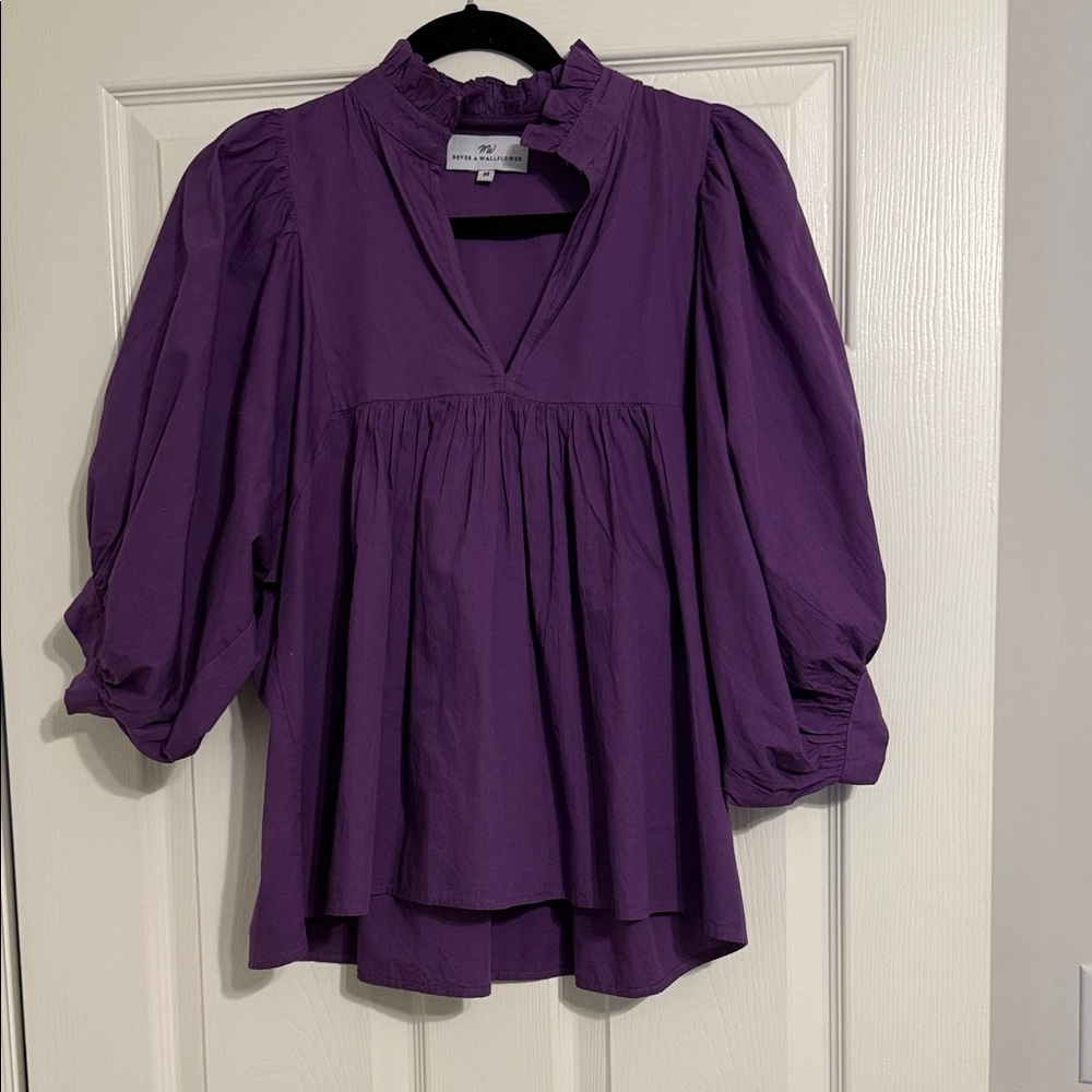 Chic Purple Blouse with Ruffled Neckline